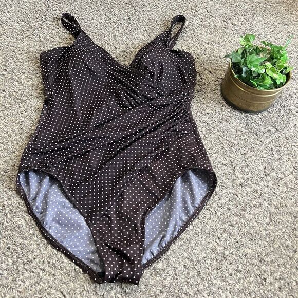 Miraclesuit Pin Point Oceanus One Piece Swimsuit Plus Size 18 Brown V Neck - Picture 1 of 6